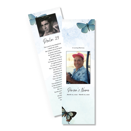 Blue Butterflies memorial bookmarks for funeral